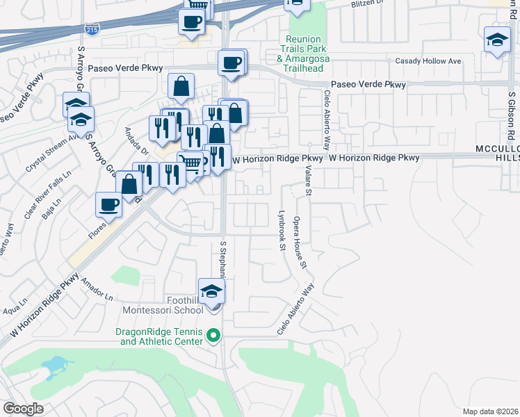 map of restaurants, bars, coffee shops, grocery stores, and more near 256 Cielito Lindo Street in Henderson