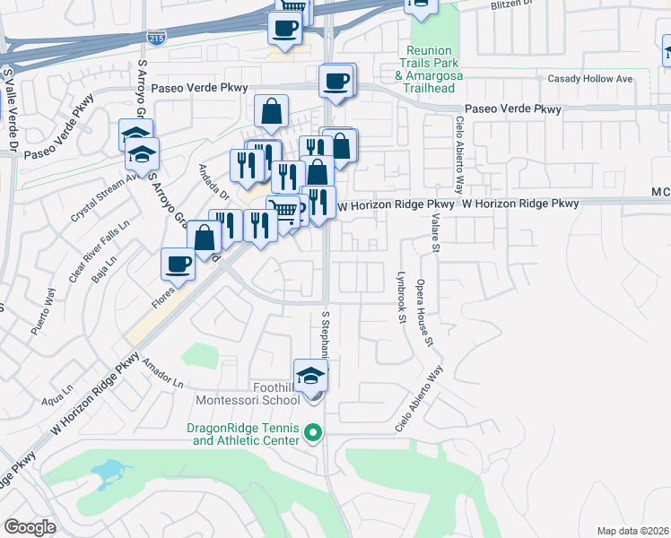 map of restaurants, bars, coffee shops, grocery stores, and more near 257 Paloma Vista Street in Henderson
