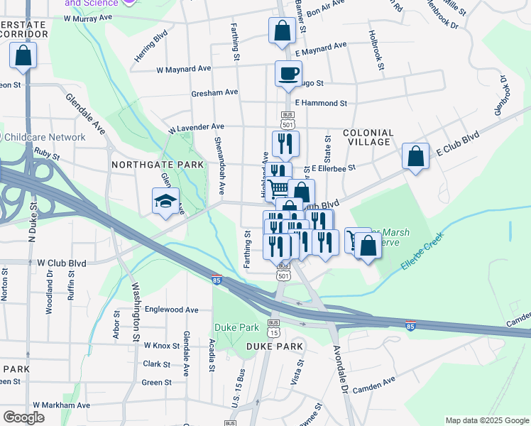 map of restaurants, bars, coffee shops, grocery stores, and more near 202 East Club Boulevard in Durham