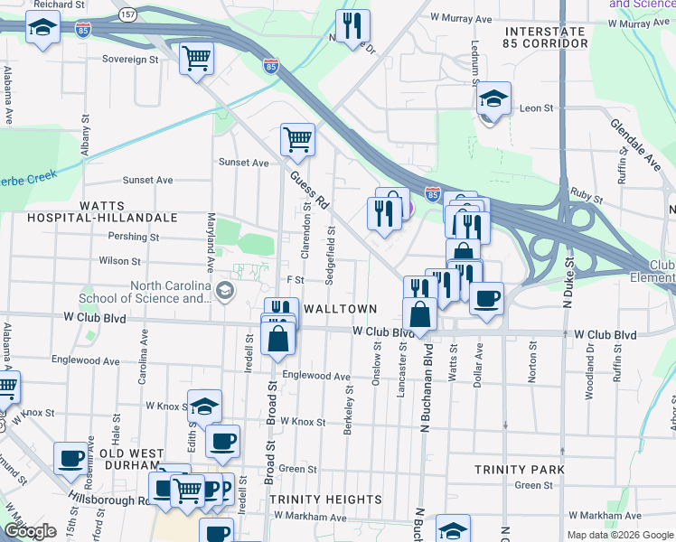 map of restaurants, bars, coffee shops, grocery stores, and more near 1308 Sedgefield Street in Durham