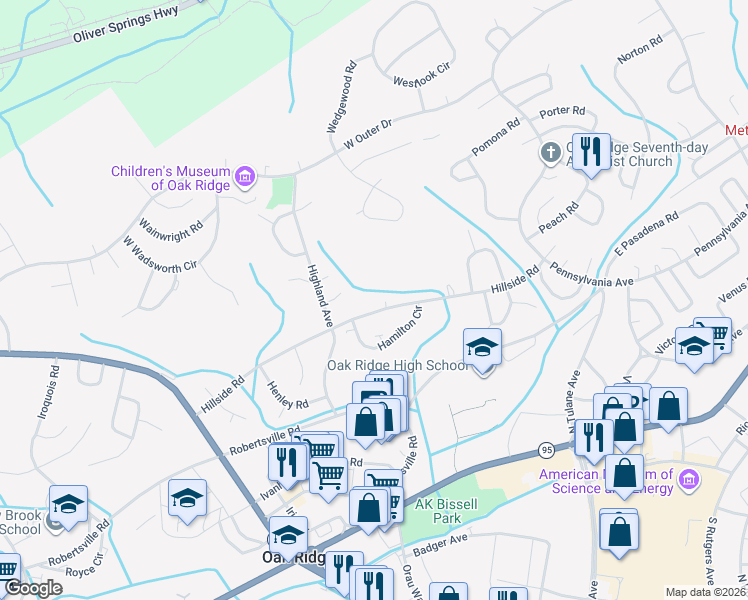 map of restaurants, bars, coffee shops, grocery stores, and more near 182 Hillside Road in Oak Ridge