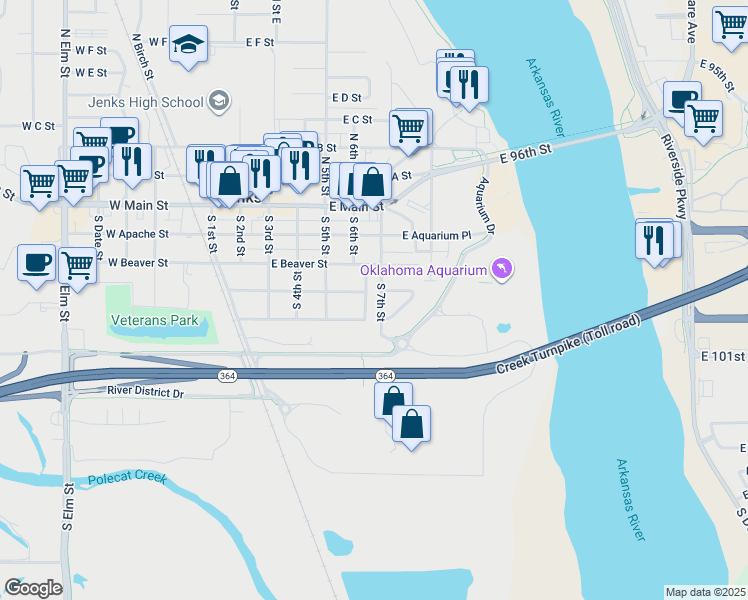map of restaurants, bars, coffee shops, grocery stores, and more near 405 South 6th Street in Jenks