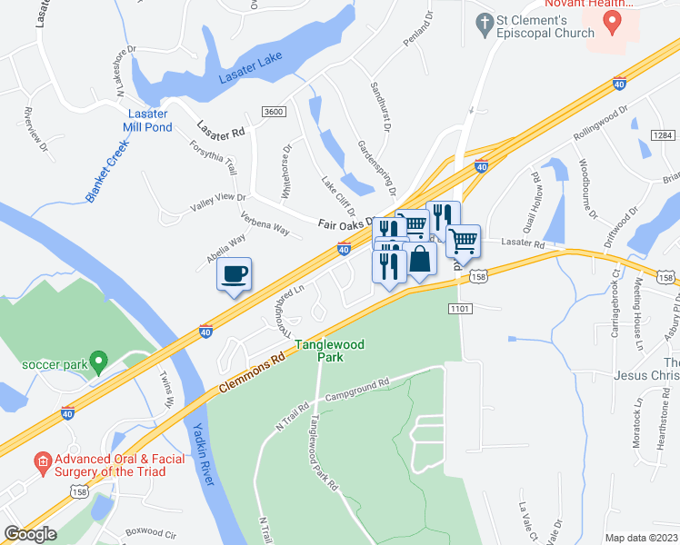 map of restaurants, bars, coffee shops, grocery stores, and more near 3907 Westridge Meadow Circle in Clemmons