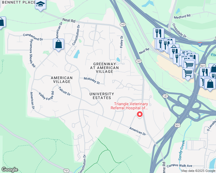 map of restaurants, bars, coffee shops, grocery stores, and more near 405 McKinley Street in Durham