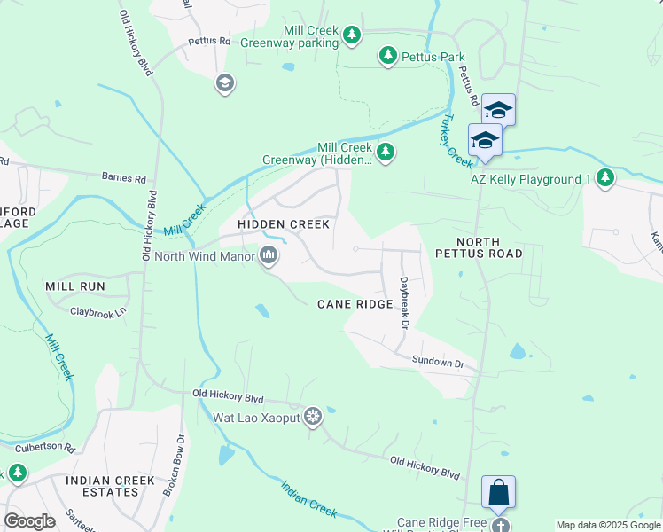 map of restaurants, bars, coffee shops, grocery stores, and more near 3195 Hidden Creek Drive in Nashville