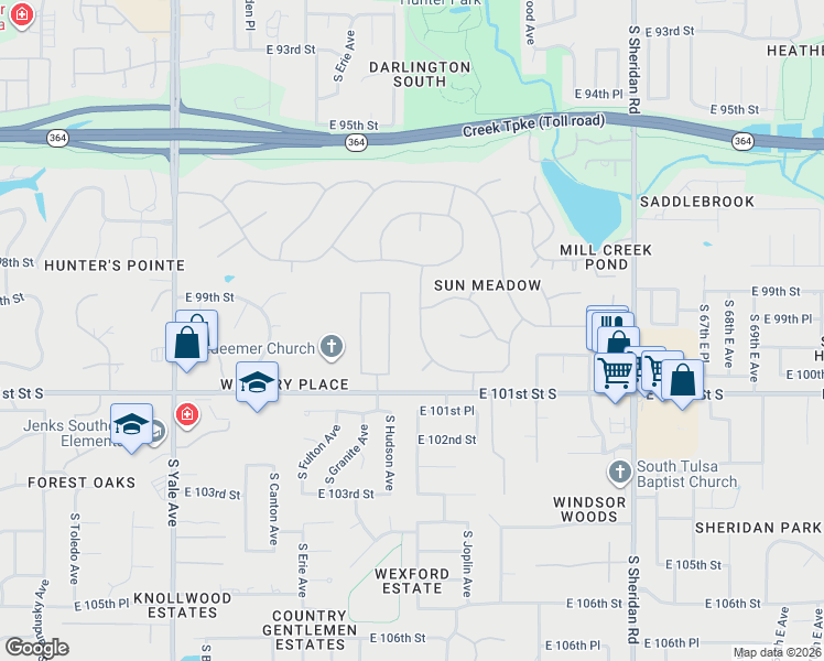 map of restaurants, bars, coffee shops, grocery stores, and more near 9912 South Irvington Avenue in Tulsa
