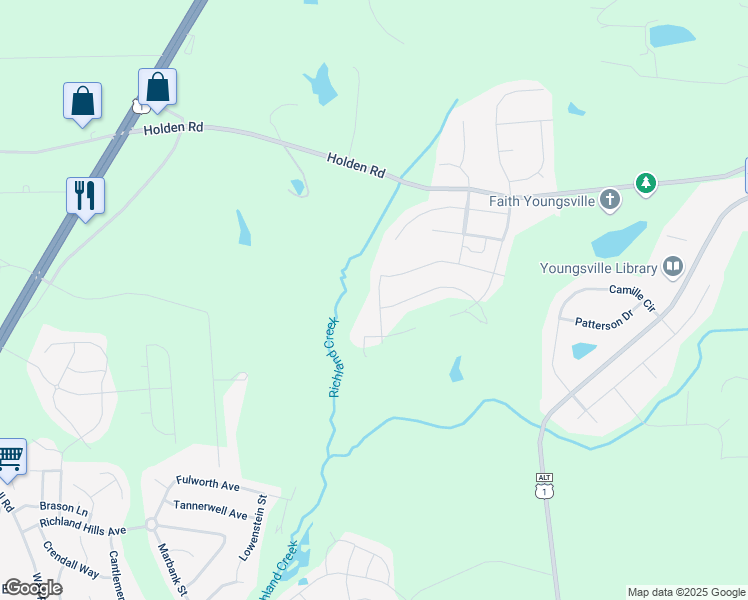 map of restaurants, bars, coffee shops, grocery stores, and more near 611 Richlands Cliff Drive in Youngsville