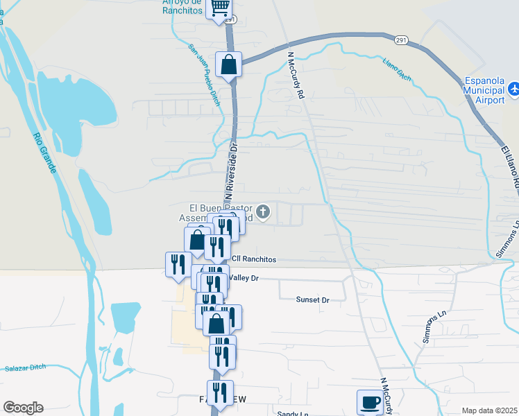 map of restaurants, bars, coffee shops, grocery stores, and more near 600-702 Mountain View Drive in Española