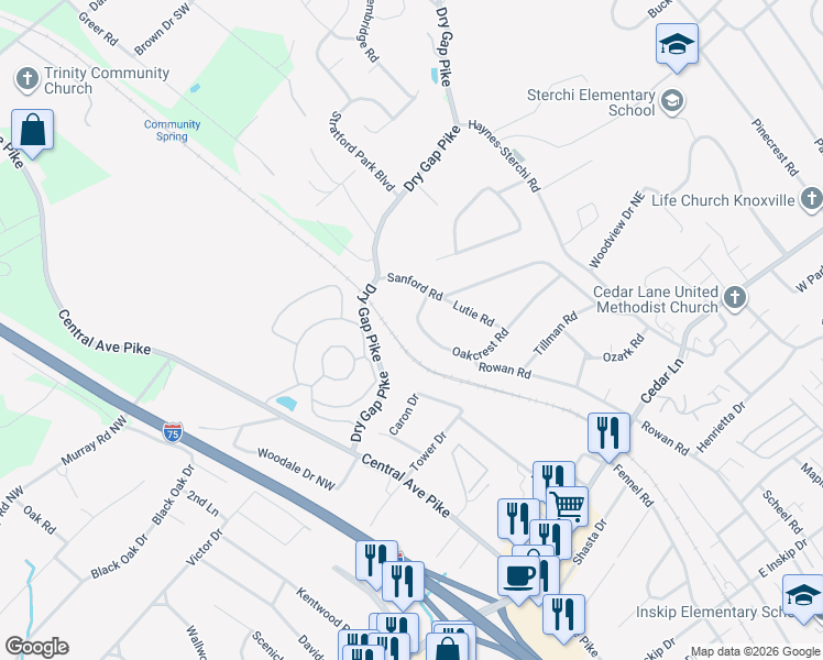 map of restaurants, bars, coffee shops, grocery stores, and more near 404 Oakcrest Road in Knoxville