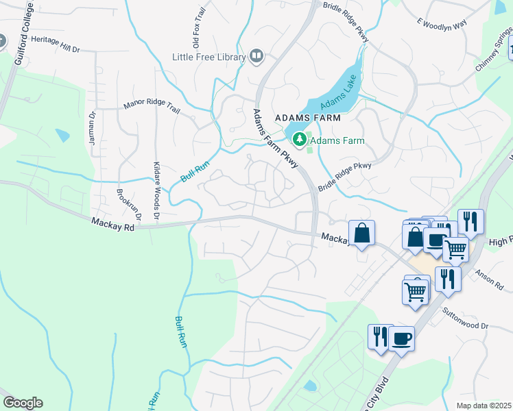 map of restaurants, bars, coffee shops, grocery stores, and more near 5247 Fox Hunt Drive in Greensboro