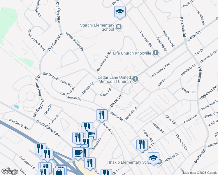 map of restaurants, bars, coffee shops, grocery stores, and more near 5221 Haynes-Sterchi Road in Knoxville