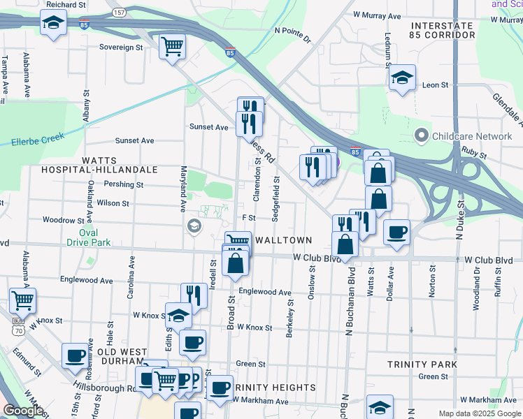 map of restaurants, bars, coffee shops, grocery stores, and more near 1304 Clarendon Street in Durham