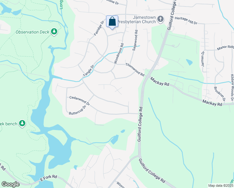map of restaurants, bars, coffee shops, grocery stores, and more near 1 Burkewood Court in Jamestown