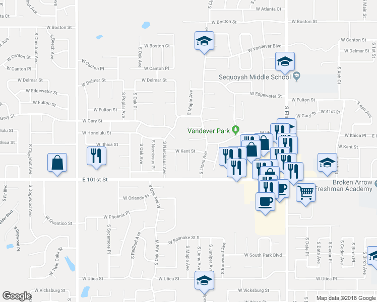 map of restaurants, bars, coffee shops, grocery stores, and more near 1401 West Kent Street in Broken Arrow