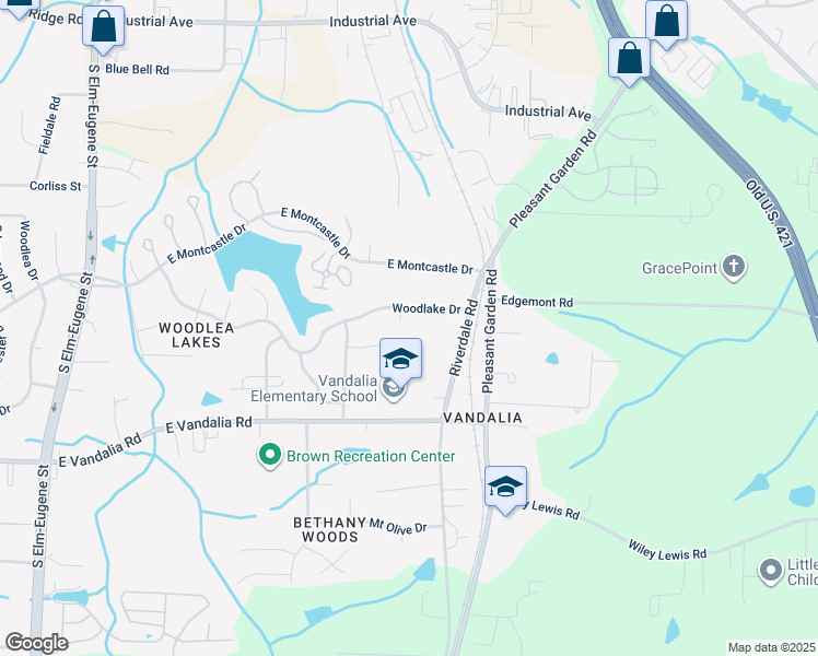 map of restaurants, bars, coffee shops, grocery stores, and more near 5 Forest Ridge Court in Greensboro
