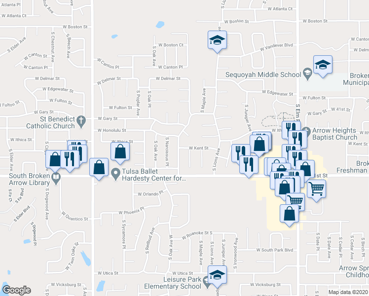 map of restaurants, bars, coffee shops, grocery stores, and more near 1801 West Kent Street in Broken Arrow