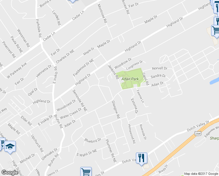 map of restaurants, bars, coffee shops, grocery stores, and more near 4606 Lincoln Circle East in Knoxville