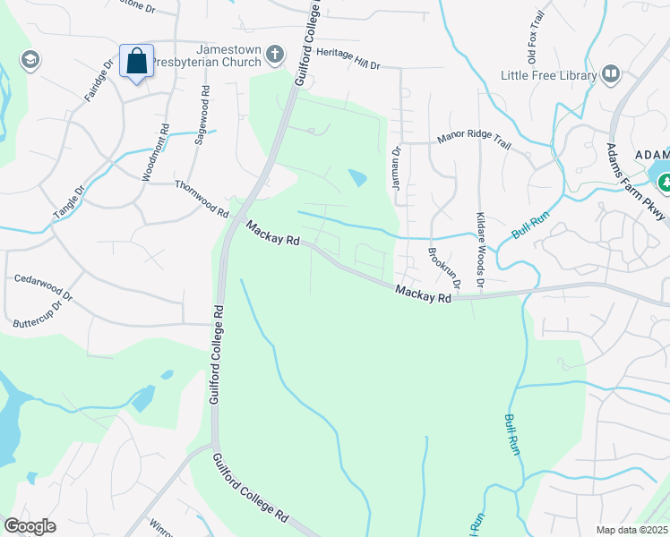 map of restaurants, bars, coffee shops, grocery stores, and more near 5303 Mackay Road in Jamestown