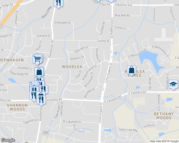map of restaurants, bars, coffee shops, grocery stores, and more near 3300 Winchester Drive in Greensboro
