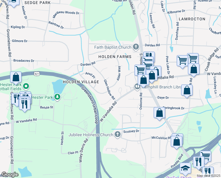 map of restaurants, bars, coffee shops, grocery stores, and more near 3227 Alder Way in Greensboro