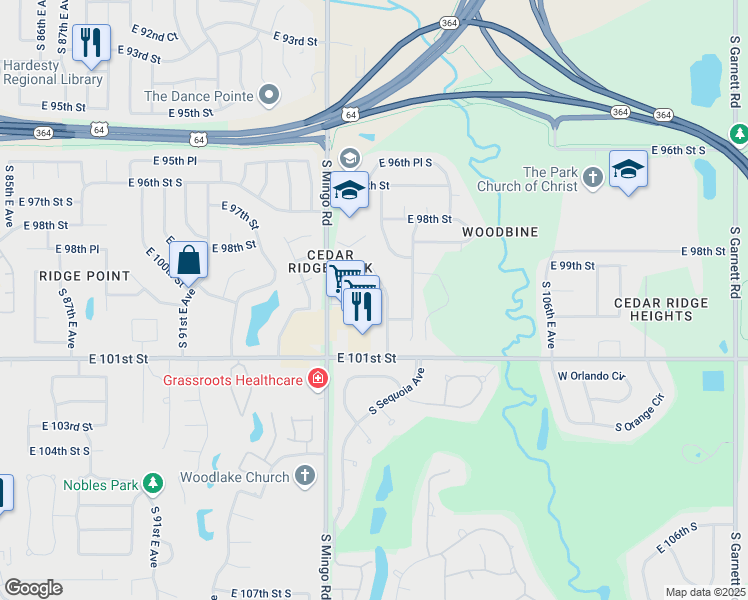 map of restaurants, bars, coffee shops, grocery stores, and more near 9814 East 99th Place in Tulsa