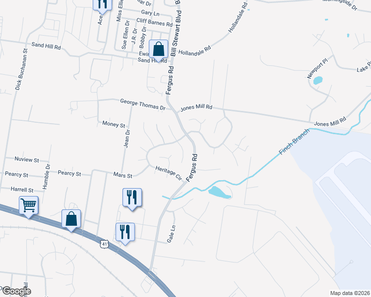map of restaurants, bars, coffee shops, grocery stores, and more near 108 Natchez Court South in La Vergne