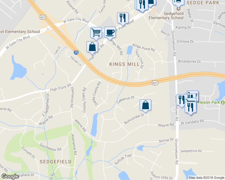 map of restaurants, bars, coffee shops, grocery stores, and more near 2818 Kings Mill Road in Greensboro