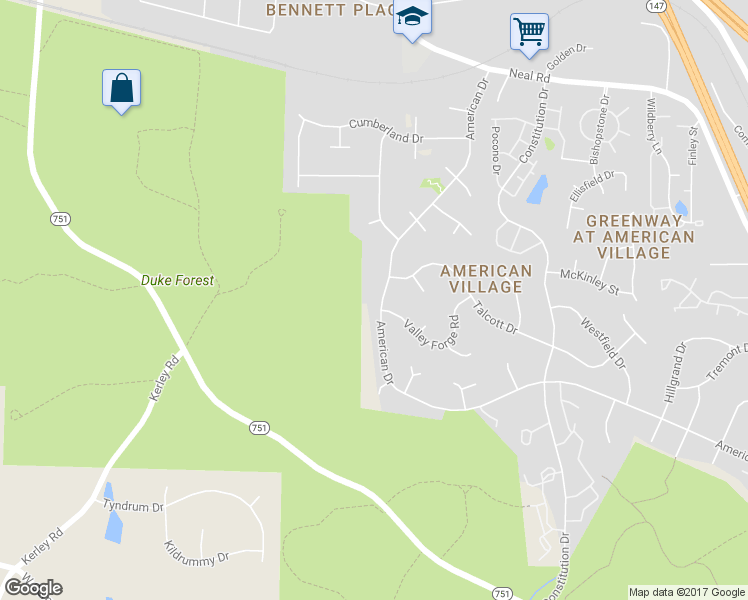 map of restaurants, bars, coffee shops, grocery stores, and more near 4501 American Drive in Durham