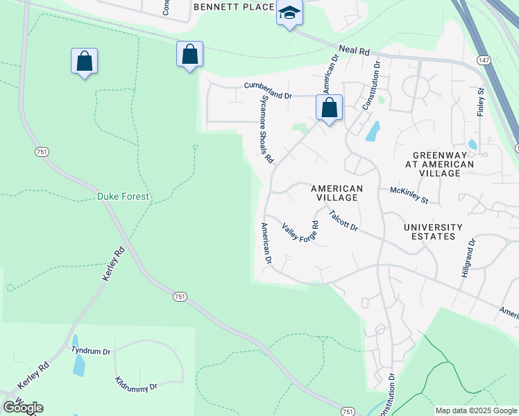 map of restaurants, bars, coffee shops, grocery stores, and more near 4501 American Drive in Durham