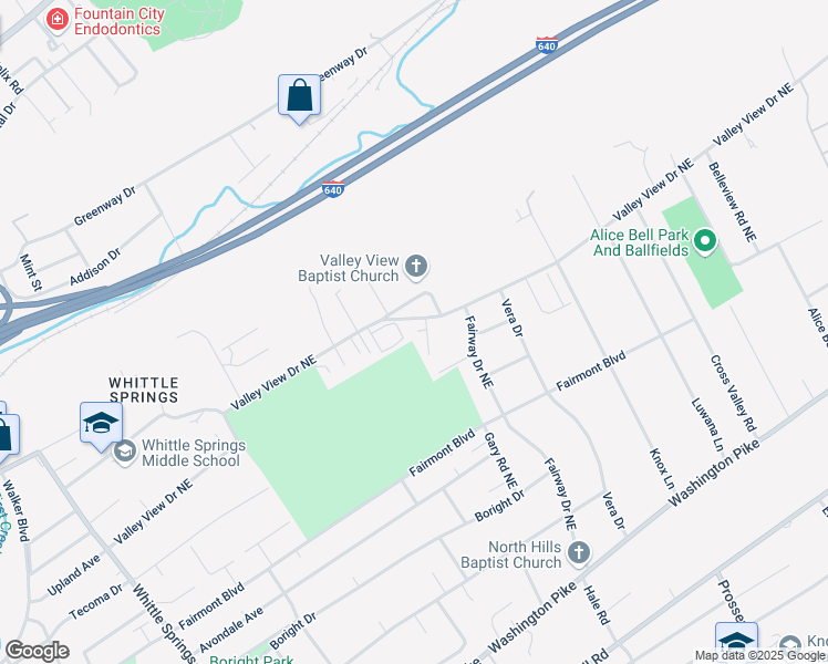 map of restaurants, bars, coffee shops, grocery stores, and more near 3501 Valley Stream Way in Knoxville