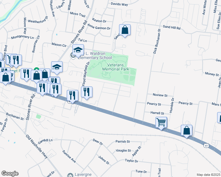 map of restaurants, bars, coffee shops, grocery stores, and more near 2016 George Buchanan in La Vergne