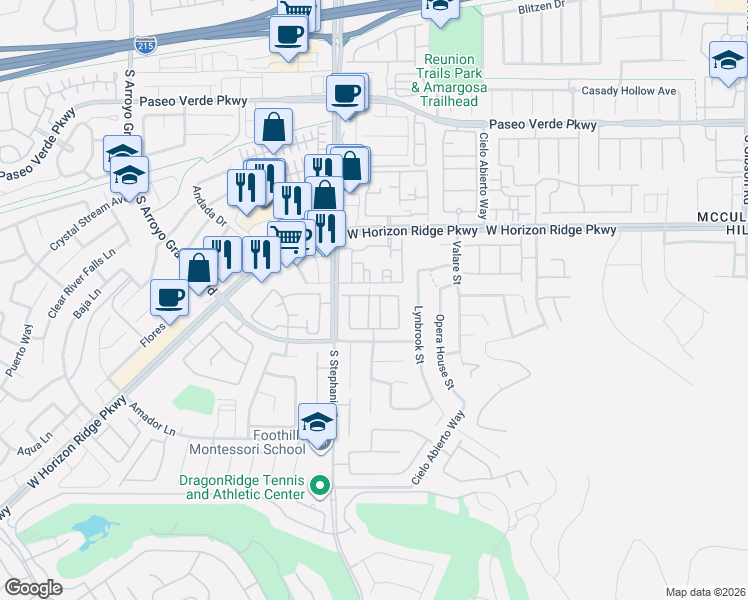 map of restaurants, bars, coffee shops, grocery stores, and more near 256 Cielito Lindo Street in Henderson