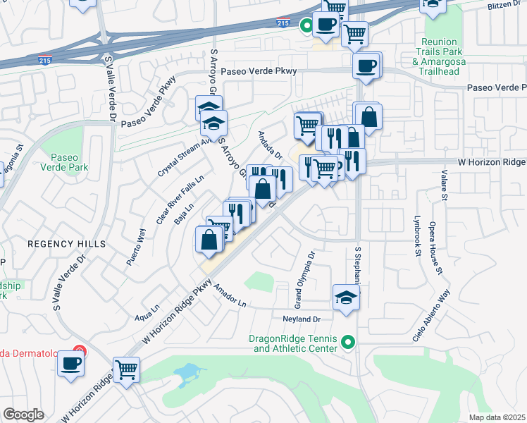 map of restaurants, bars, coffee shops, grocery stores, and more near 1500 West Horizon Ridge Parkway in Henderson