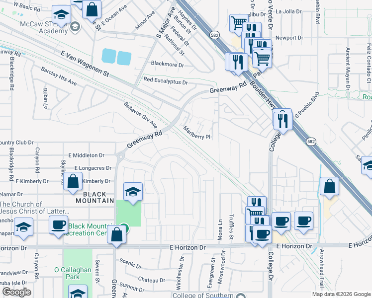 map of restaurants, bars, coffee shops, grocery stores, and more near 111 Dancing Sage Court in Henderson