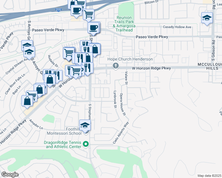 map of restaurants, bars, coffee shops, grocery stores, and more near 256 Camino Viejo Street in Henderson