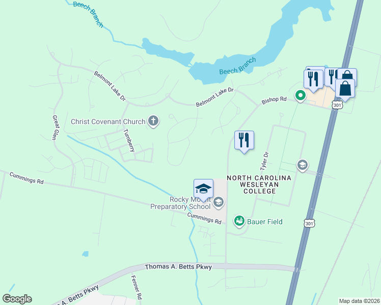 map of restaurants, bars, coffee shops, grocery stores, and more near 653-719 Chimney Hill Way in Rocky Mount