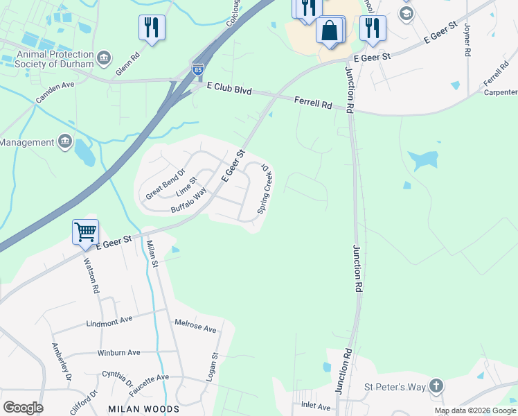 map of restaurants, bars, coffee shops, grocery stores, and more near 2022 Spring Creek Drive in Durham