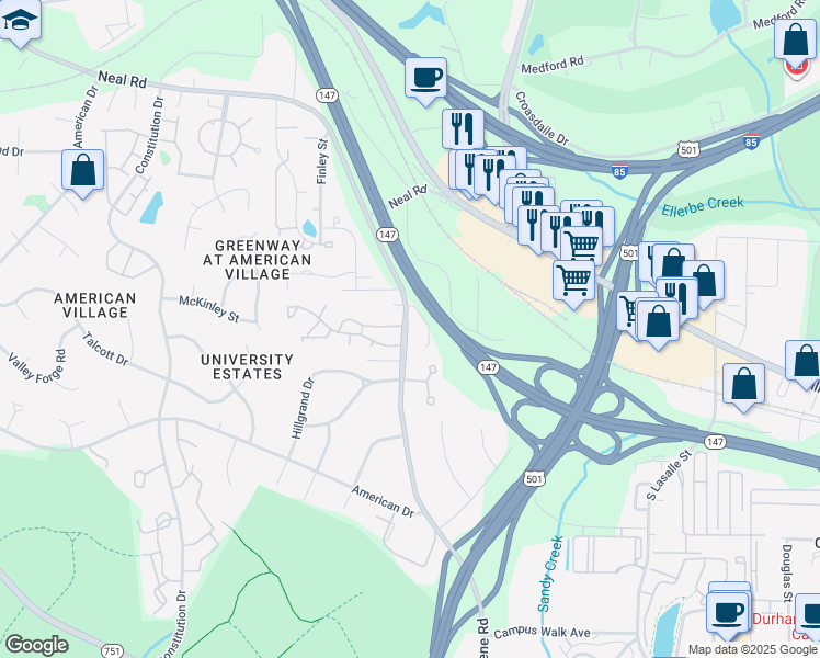 map of restaurants, bars, coffee shops, grocery stores, and more near 309 Morreene Road in Durham