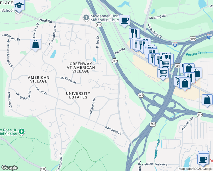 map of restaurants, bars, coffee shops, grocery stores, and more near 25 Forest Green Drive in Durham