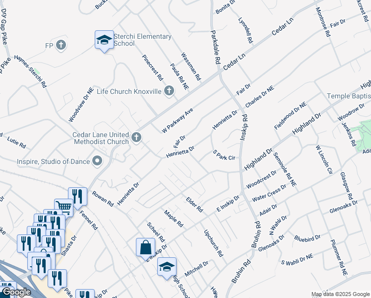 map of restaurants, bars, coffee shops, grocery stores, and more near 1001 Henrietta Drive in Knoxville
