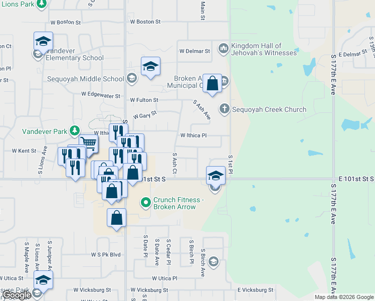 map of restaurants, bars, coffee shops, grocery stores, and more near 131 West Kent Street in Broken Arrow