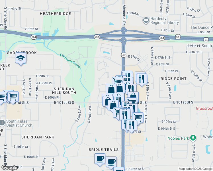 map of restaurants, bars, coffee shops, grocery stores, and more near 9944 South 79th East Avenue in Tulsa