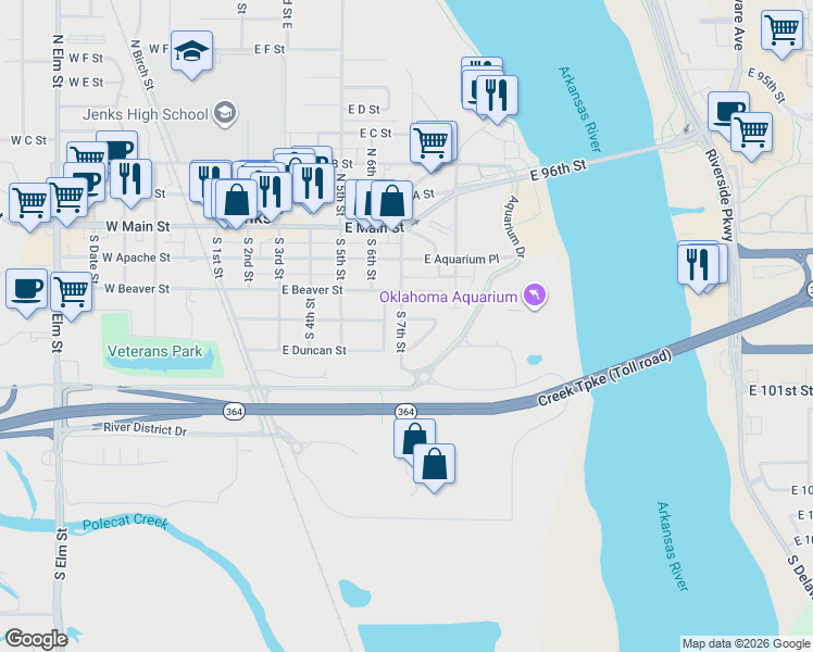 map of restaurants, bars, coffee shops, grocery stores, and more near 405 South 6th Street in Jenks