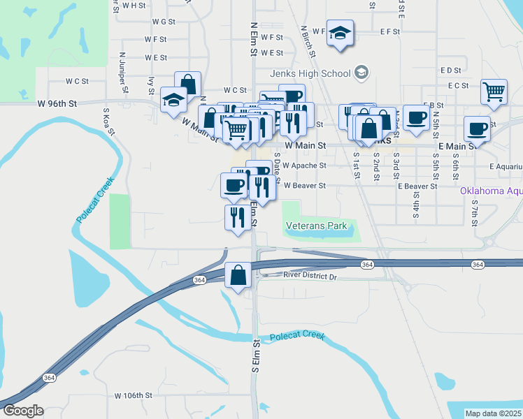 map of restaurants, bars, coffee shops, grocery stores, and more near 404 South Elm Street in Jenks