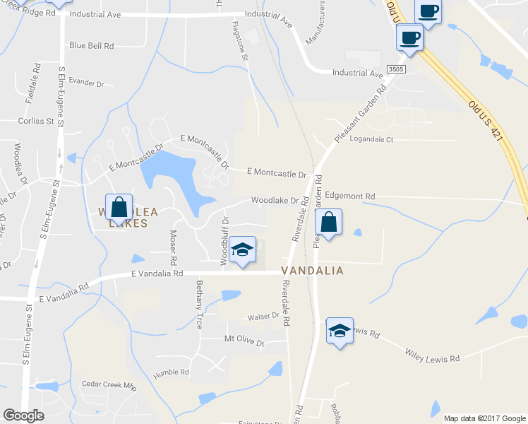 map of restaurants, bars, coffee shops, grocery stores, and more near 5 Forest Ridge Court in Greensboro
