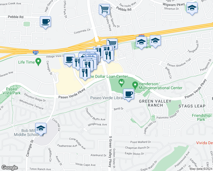 map of restaurants, bars, coffee shops, grocery stores, and more near 251 South Green Valley Parkway in Henderson