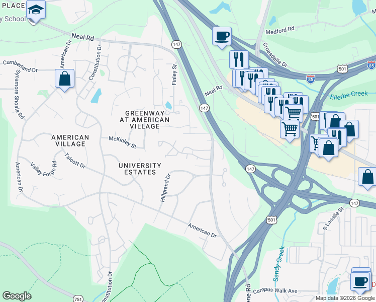 map of restaurants, bars, coffee shops, grocery stores, and more near 25 Forest Green Drive in Durham