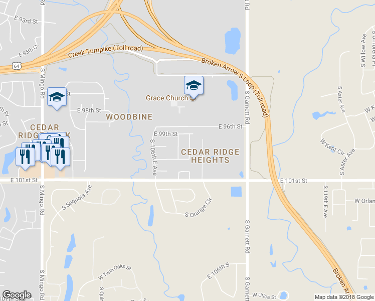 map of restaurants, bars, coffee shops, grocery stores, and more near 9922 South 108th East Avenue in Tulsa