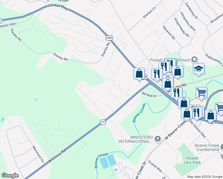 map of restaurants, bars, coffee shops, grocery stores, and more near 7658 Callow Cove Lane in Powell