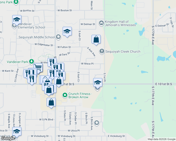 map of restaurants, bars, coffee shops, grocery stores, and more near 131 West Kent Street in Broken Arrow